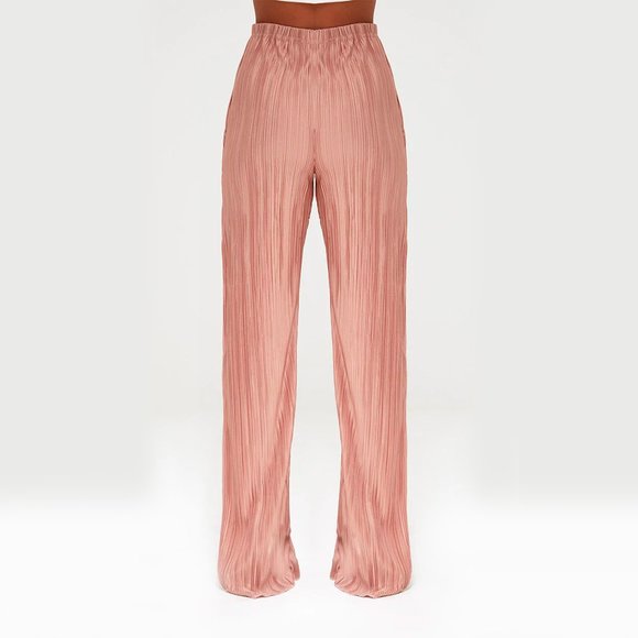 WIDE LEG PANTS • Petite Pink Pleated Split Pants - Picture 2 of 9